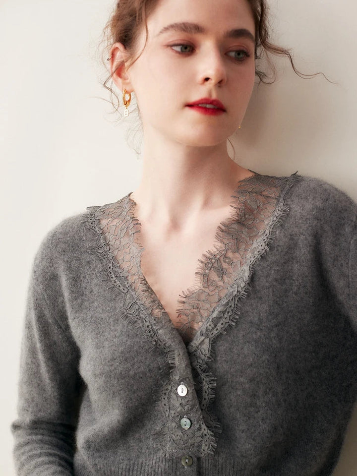 Cashmere Cardigan with Lace-Trim Detail and Relaxed Knit Fit in Khaki
