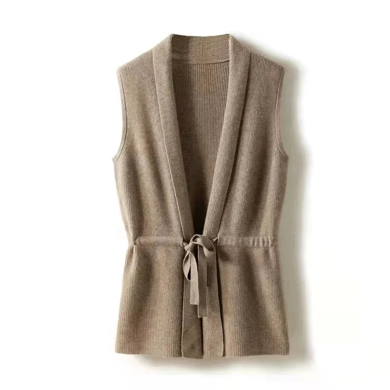Merino Wool and Cashmere Blend Knit Vest with Adjustable Waist Tie and Slim Fit