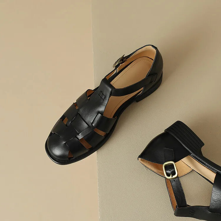 Handwoven Leather Sandals with Adjustable T-Strap Buckle and Low Stacked Heel