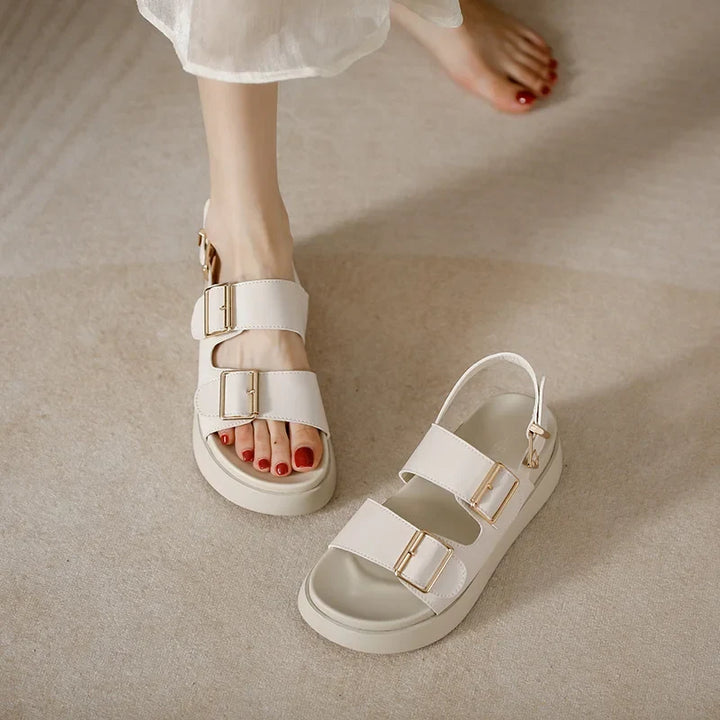 Platform Sandal in Ivory Vegan Leather with Double Buckle Straps and Built-In Supportive Insole