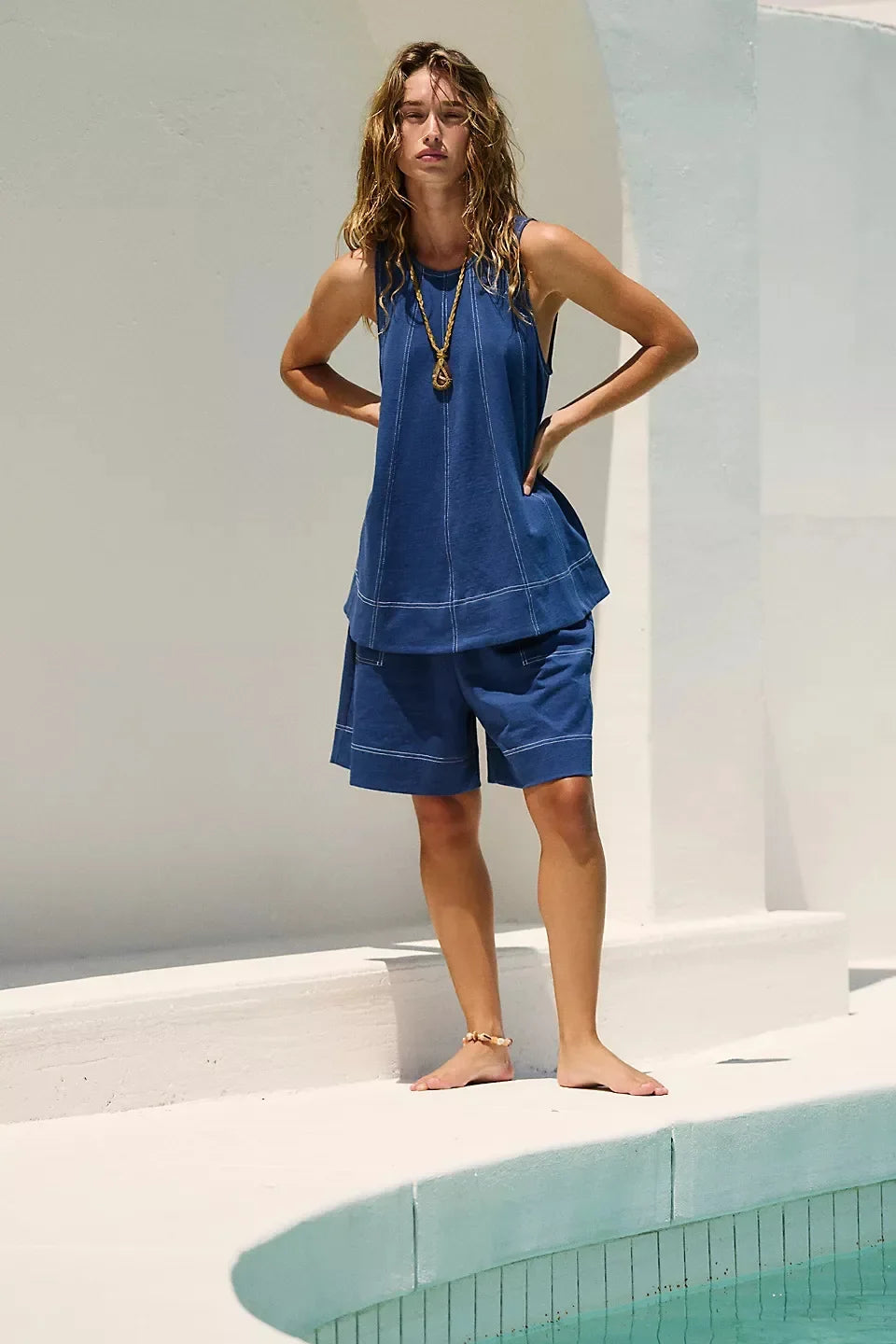 Two-Piece Cotton Set, Cropped Tank Top and Elastic-Waist Shorts with Raw Seam Detailing in Sunwashed Yellow