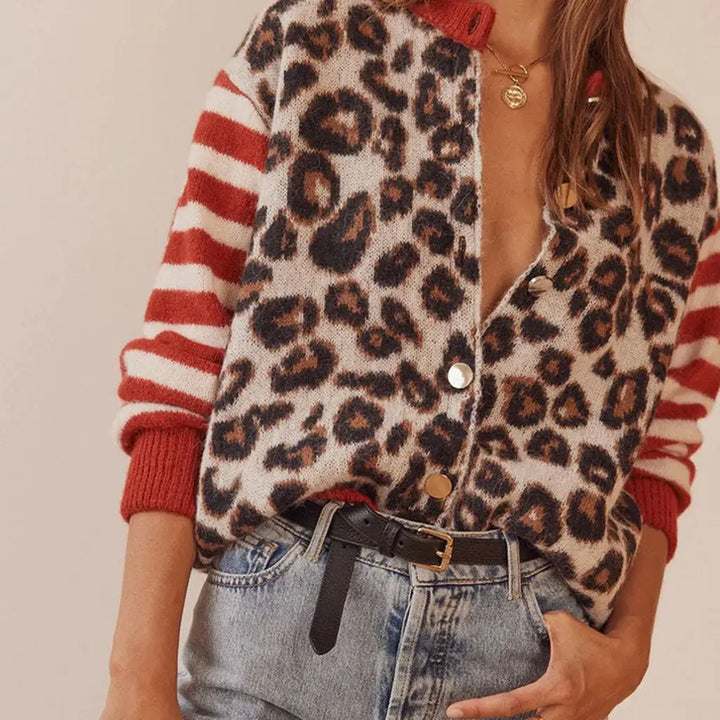 Cardigan in Leopard and Stripe Print with Relaxed Fit and Soft Cotton Blend Knit for Effortless Layering
