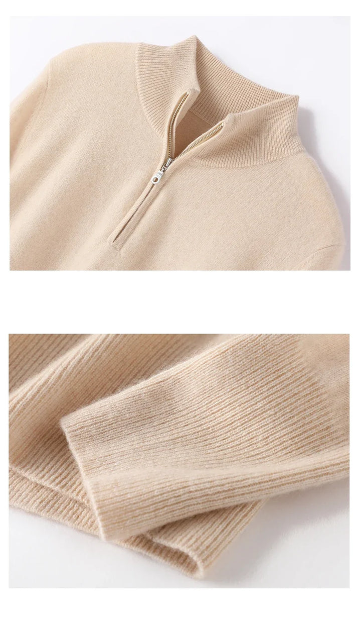 Cashmere Half-Zip Pullover Sweater with Stand-Up Collar, Standard Fit, Beige