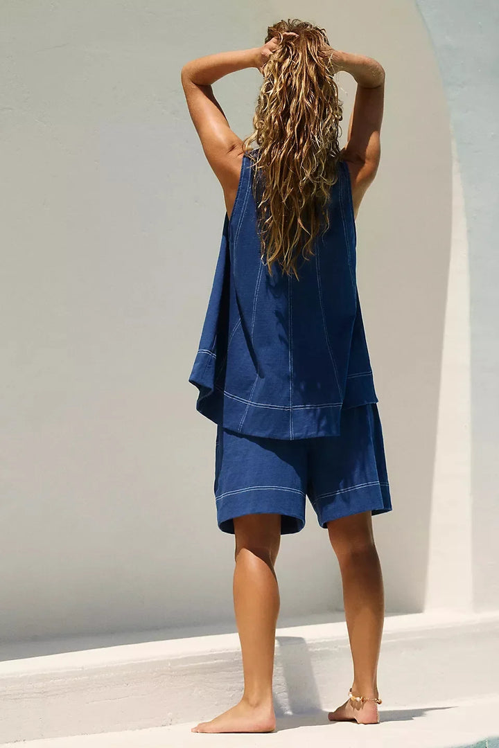 Two-Piece Cotton Set, Cropped Tank Top and Elastic-Waist Shorts with Raw Seam Detailing in Sunwashed Yellow