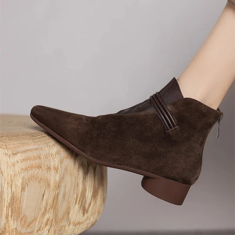 Suede Ankle Boots with Pointed Toe, Side Zip and Low Heel, Women's Vivienne