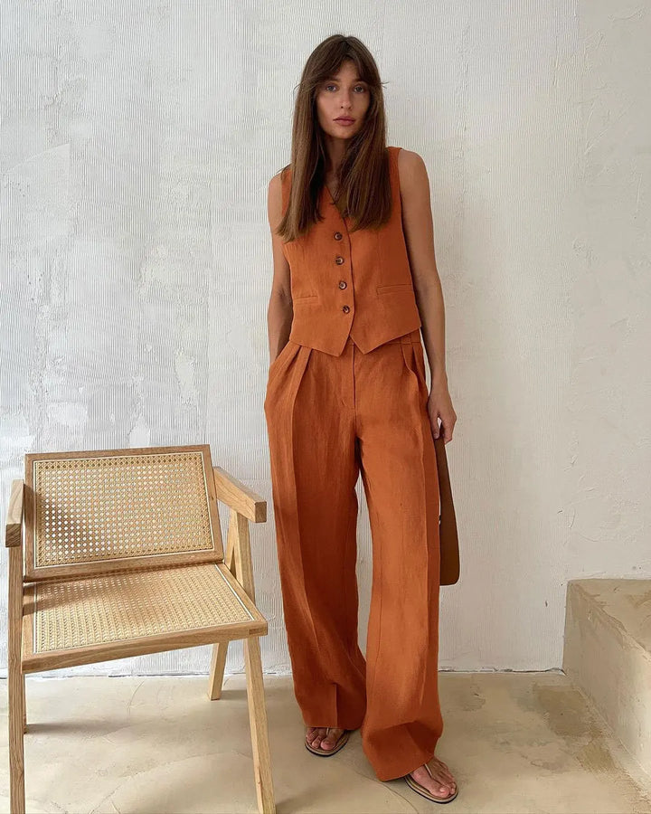 Linen Trouser Set with Buttoned Vest Top and Wide-Leg Pleated Trousers, Two-Piece Design