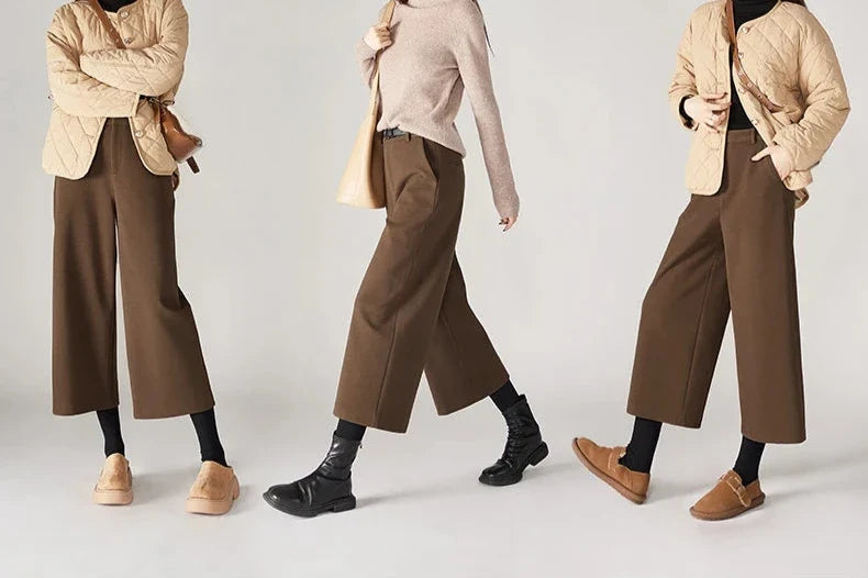 Wide Leg Wool Blend Pants with High-Waist Elastic Design and Ankle-Length Fit