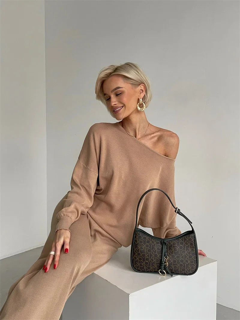 Off-Shoulder Loungewear Knit Set with Soft Flowing Fabric and Relaxed Fit in Camel
