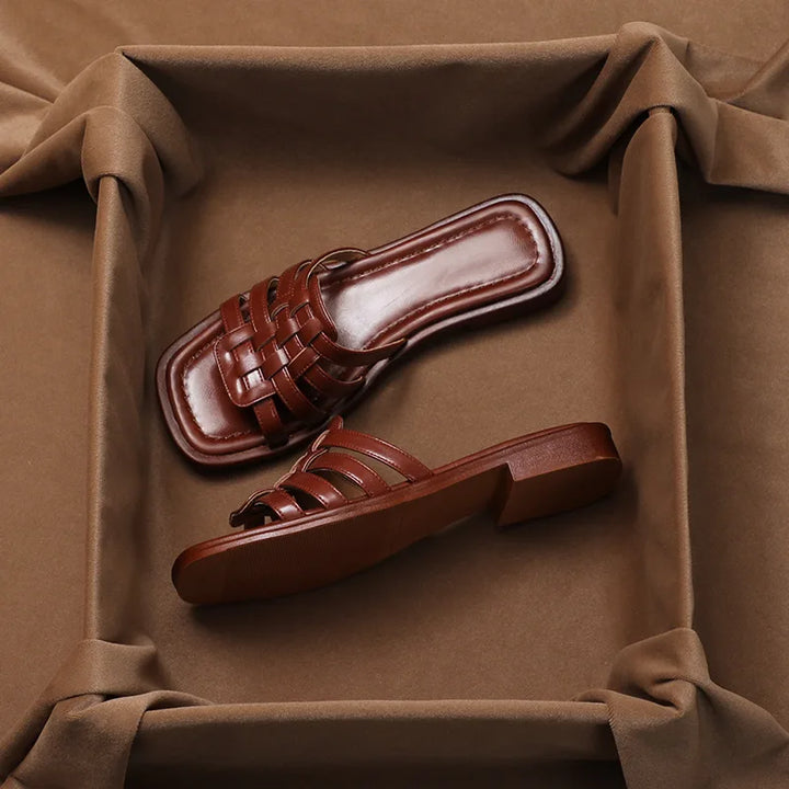 Woven Slides with Cushioned Footbed, Square Open Toe and Slight Heel Lift