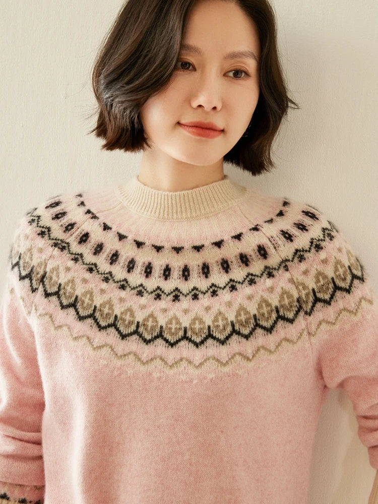 Fair Isle Jacquard Mock Neck Sweater in Cashmere-Soft Knit, Camel Colorway