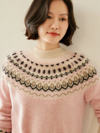 Fair Isle Jacquard Mock Neck Sweater in Soft 100% Cashmere, Camel Colorway