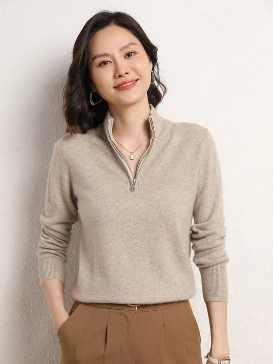 Cashmere Half-Zip Pullover Sweater with Stand-Up Collar, Standard Fit, Beige