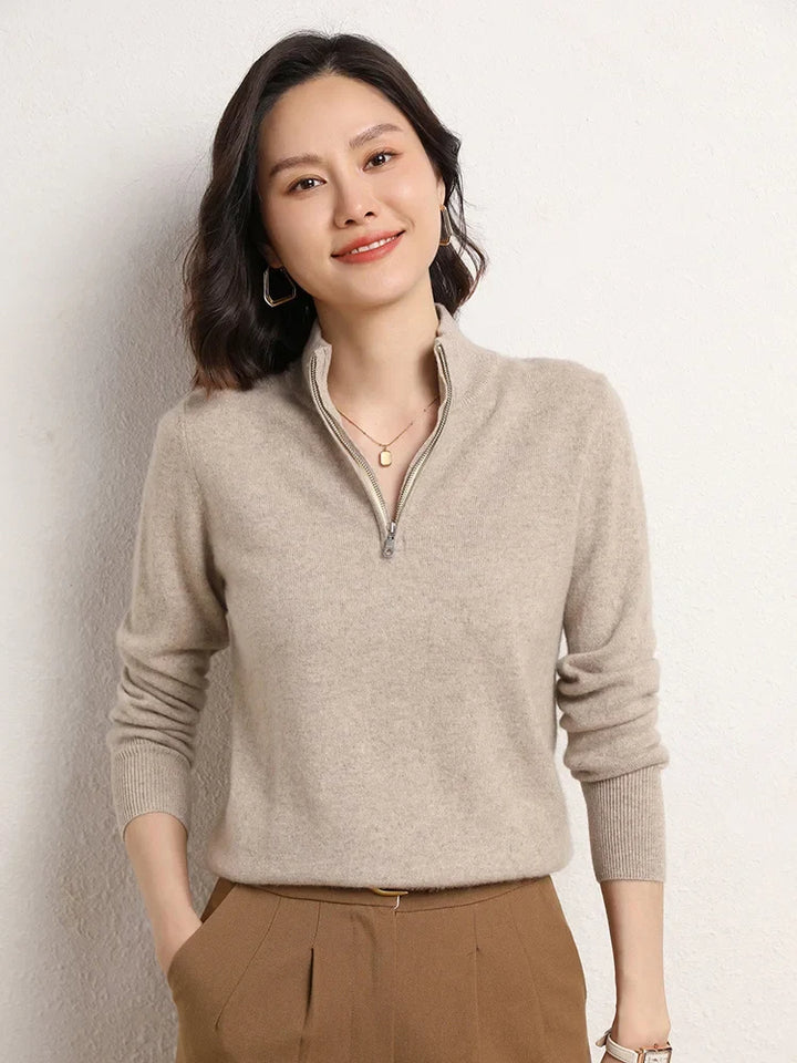 Cashmere Half-Zip Pullover Sweater with Stand-Up Collar, Standard Fit, Beige
