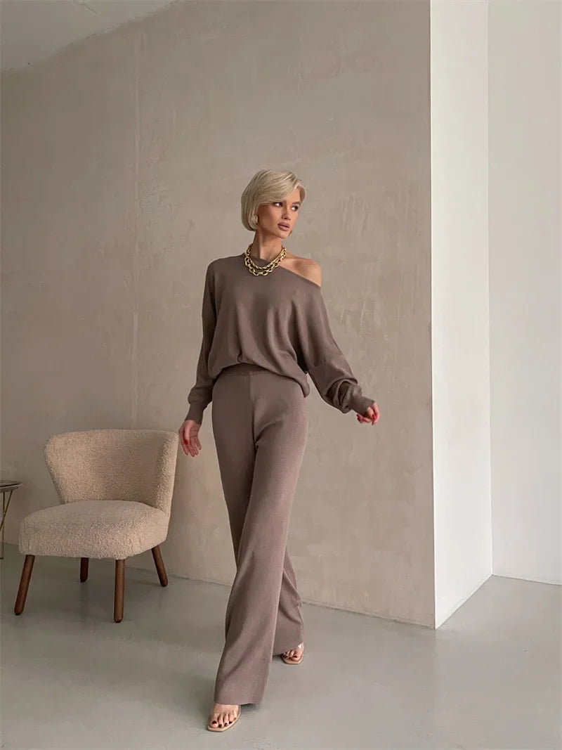 Off-Shoulder Loungewear Knit Set with Soft Flowing Fabric and Relaxed Fit in Camel
