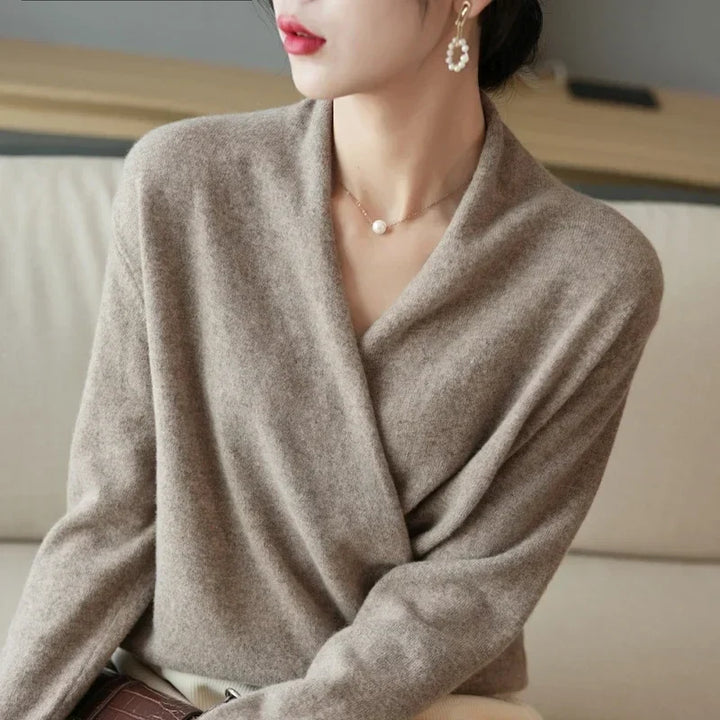 V-Neck Wrap Sweater in Soft Cashmere Knit with Relaxed Minimalist Fit for Effortless Layering