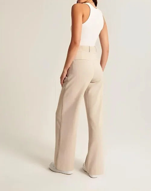 Wide-Leg Trousers with High-Waisted Tailored Fit, Cotton Blend Fabric, and Deep Pockets