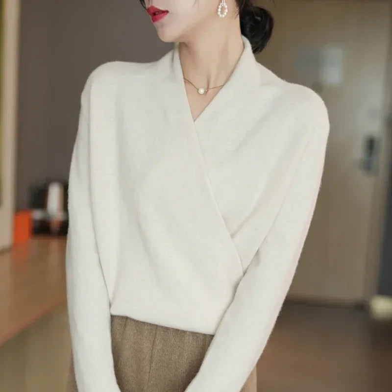 V-Neck Wrap Sweater in Soft Cashmere Knit with Relaxed Minimalist Fit for Effortless Layering