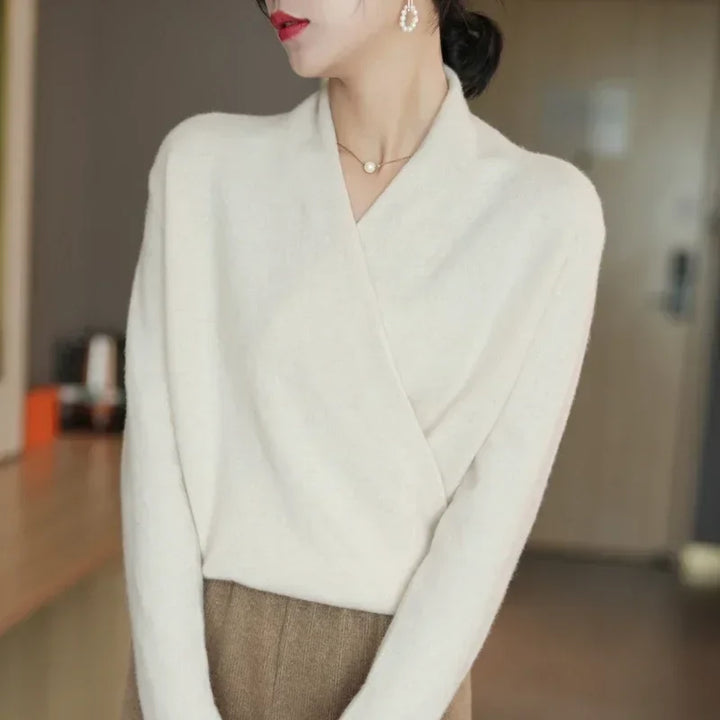 V-Neck Wrap Sweater in Soft Cashmere Knit with Relaxed Minimalist Fit for Effortless Layering