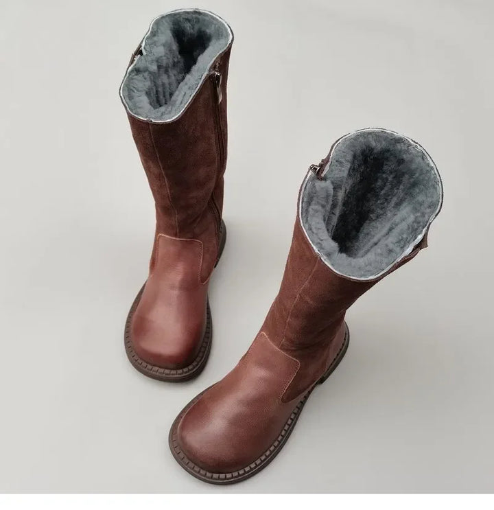 Shearling Riding Boots in Premium Leather-Look with Wool Lining and Side Zipper, Brown
