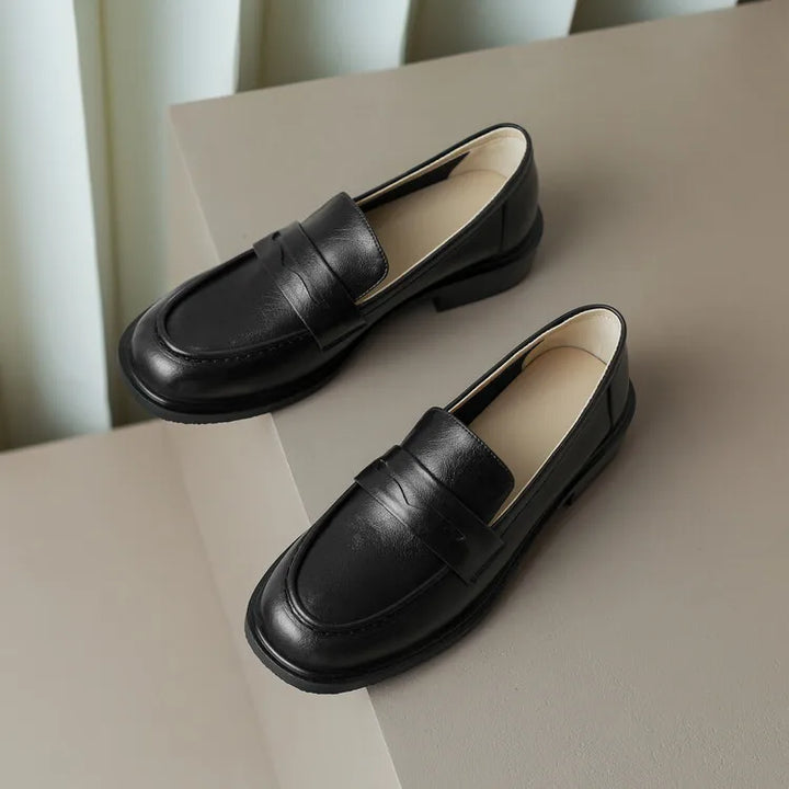 Round Toe Leather Loafers with Cushioned Support and Stacked Heel in Olive