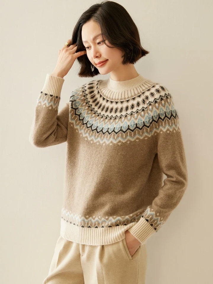 Fair Isle Jacquard Mock Neck Sweater in Cashmere-Soft Knit, Camel Colorway