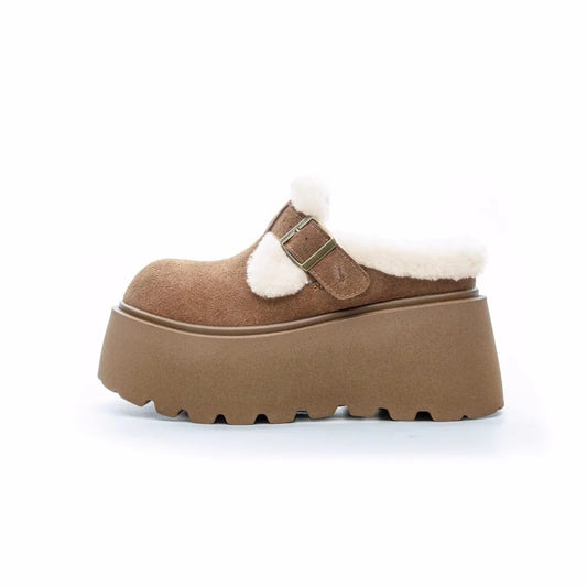 Suede Platform Clogs with Shearling Lining, Adjustable Buckle Strap and Cushioned Sole