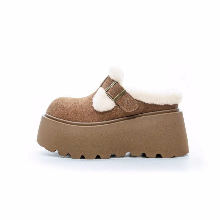 Suede Platform Clogs with Shearling Lining, Adjustable Buckle Strap and Cushioned Sole