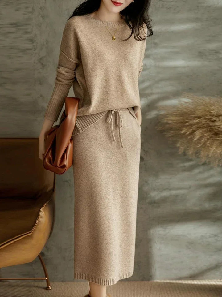 Knit Sweater and Skirt Two-Piece Set with Relaxed Pullover Fit and Ribbed Texture in Khaki