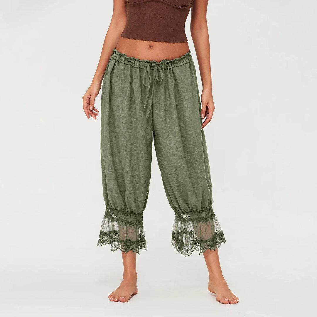 Lantern Pants with Ruffled Lace Cuffs and High-Rise Stretch Waistband in Cotton Blend