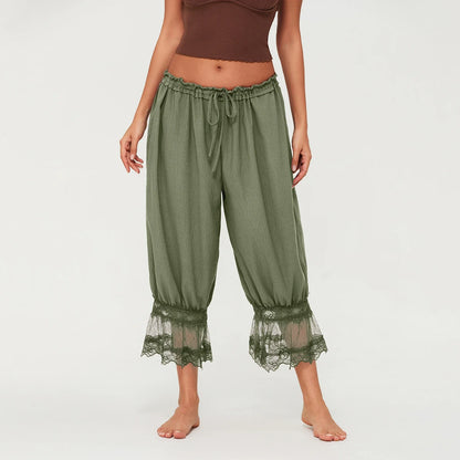 Lantern Pants with Ruffled Lace Cuffs and High-Rise Stretch Waistband in Cotton Blend