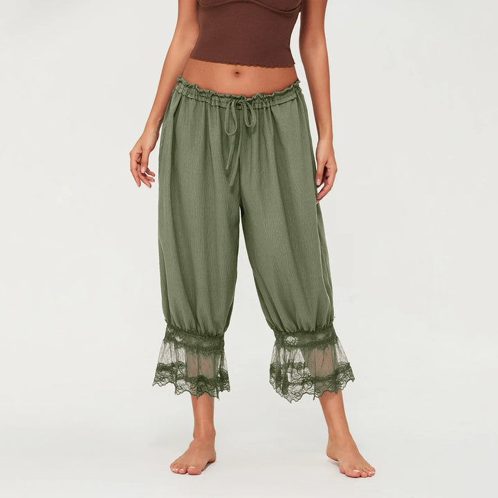 Lantern Pants with Ruffled Lace Cuffs and High-Rise Stretch Waistband in Cotton Blend