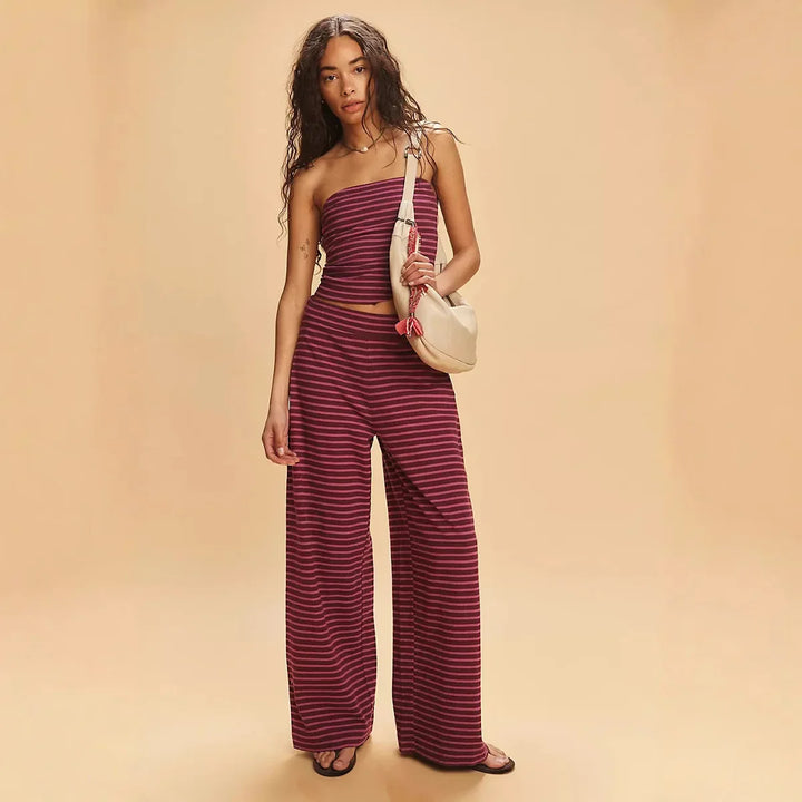 Striped Cotton-Linen Two-Piece Set with Fitted Bandeau Top and Relaxed Wide-Leg Pants