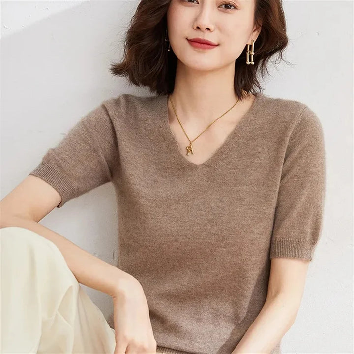 V-Neck Knit Top in Soft Merino Wool Blend with Relaxed Shape-Holding Fit, Khaki