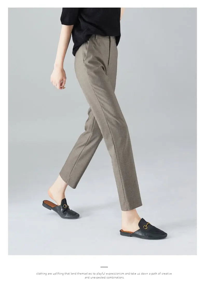 High-Waist Trousers with Elastic Waistband, Ankle-Length Slim Tailored Fit in Gray