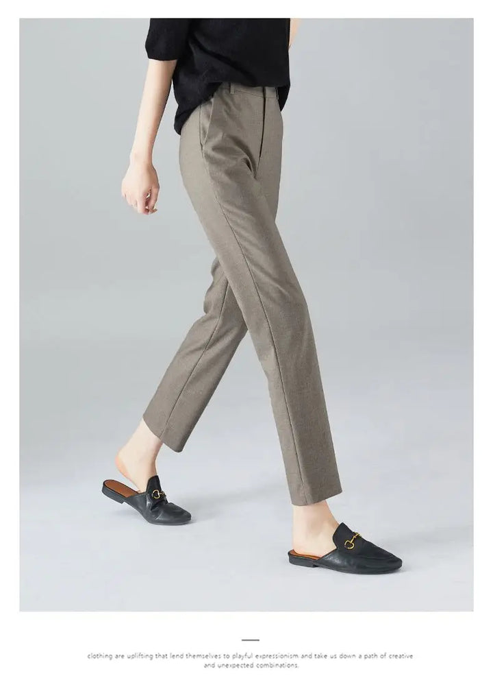 High-Waist Trousers with Elastic Waistband, Ankle-Length Slim Tailored Fit in Gray