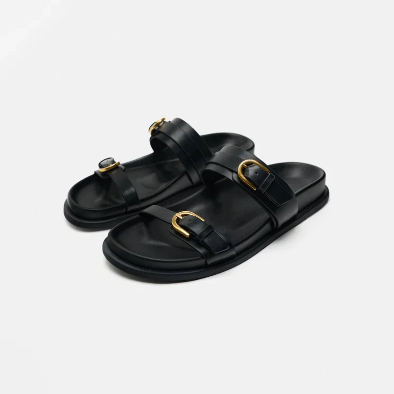 Slide Sandals in Smooth Leather with Adjustable Double Buckle Straps and Flexible Sole