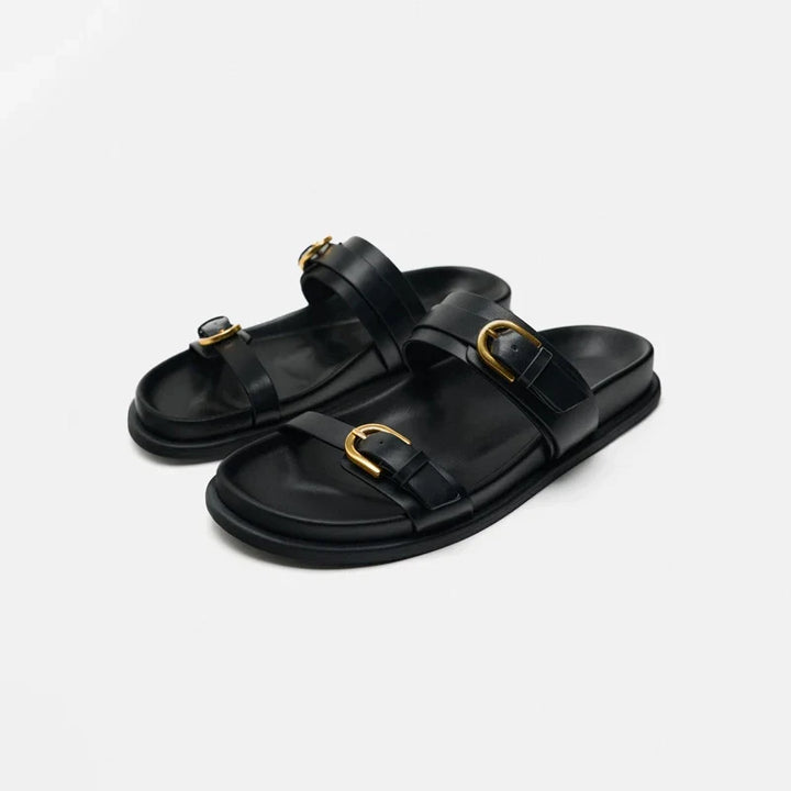 Slide Sandals in Smooth Leather with Adjustable Double Buckle Straps and Flexible Sole