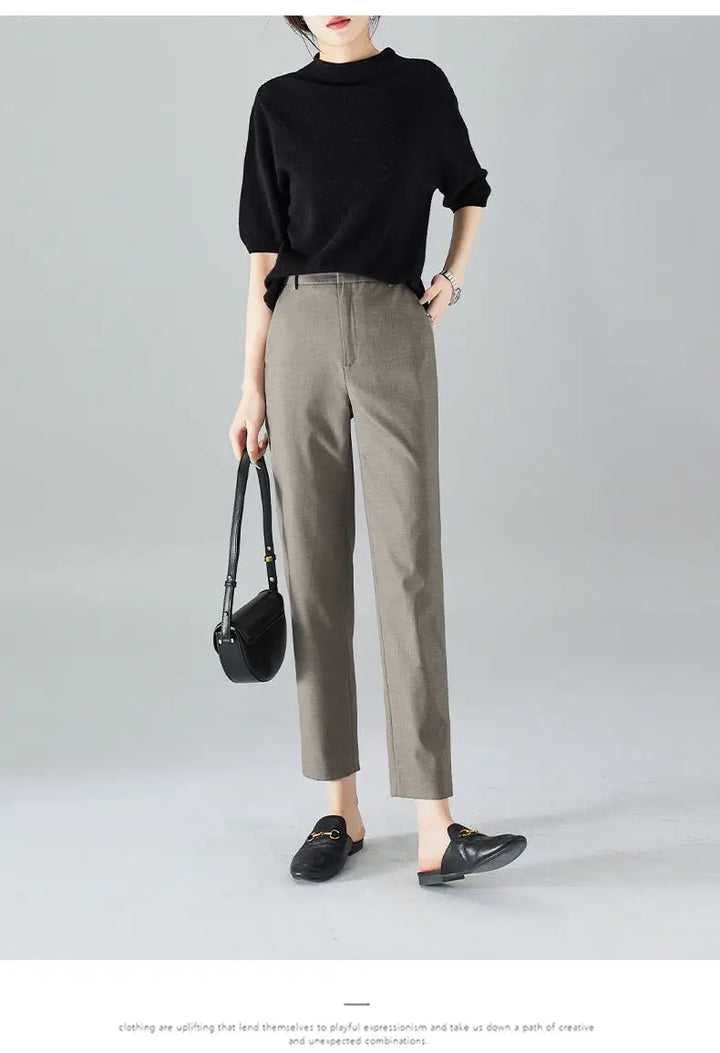 High-Waist Trousers with Elastic Waistband, Ankle-Length Slim Tailored Fit in Gray