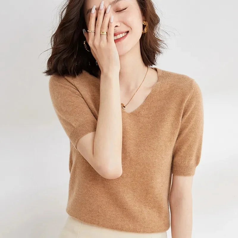V-Neck Knit Top in Soft Merino Wool Blend with Relaxed Shape-Holding Fit, Khaki