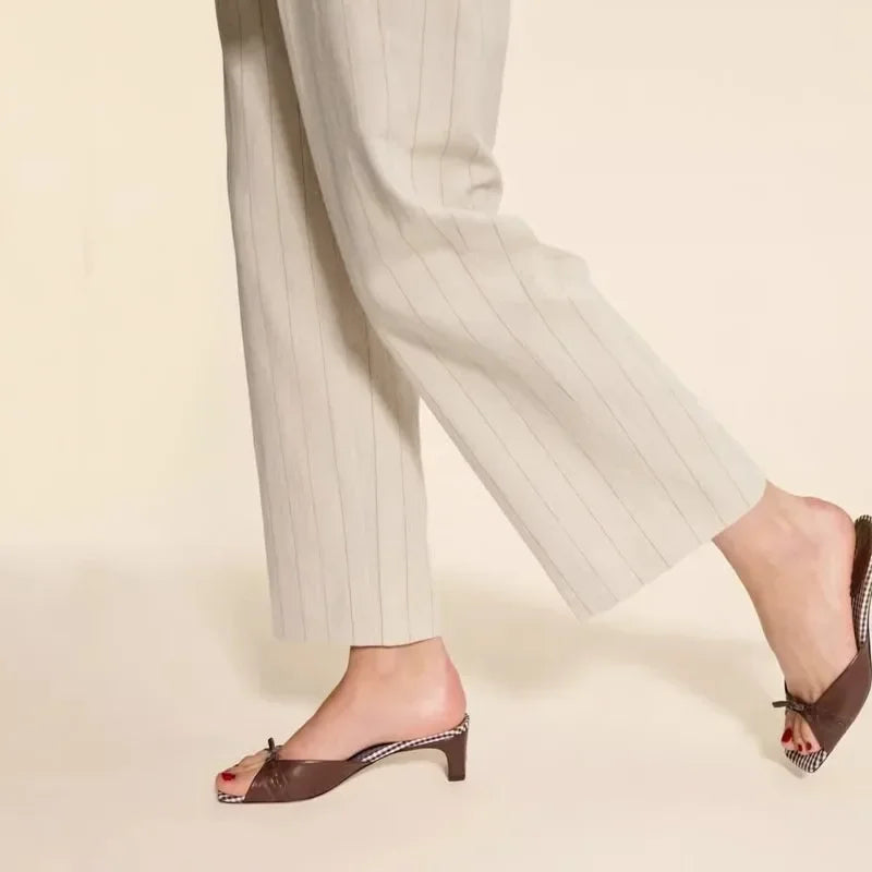 Square-Toe Heel Mules with Gingham Check Insole and Bow Detail in Brown