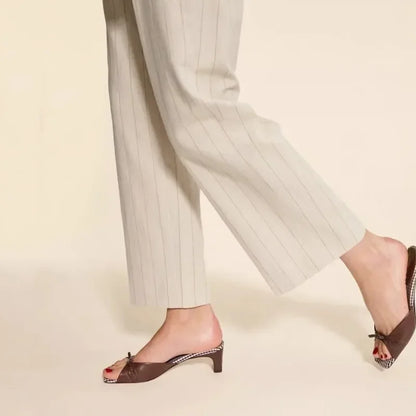 Square-Toe Heel Mules with Gingham Check Insole and Bow Detail in Brown