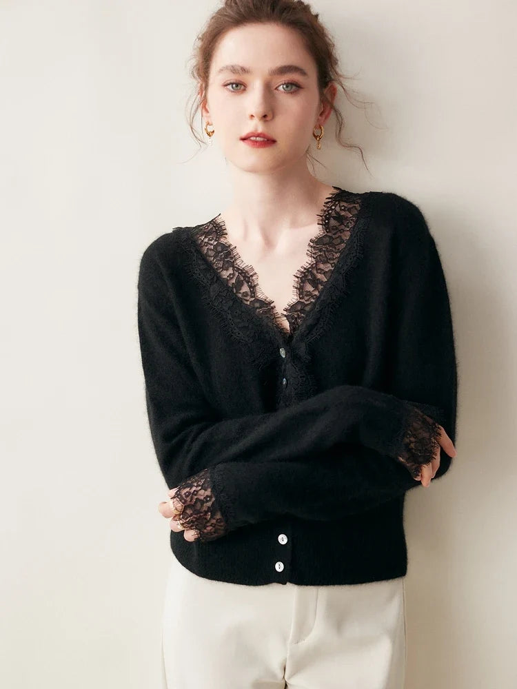 Cashmere Cardigan with Lace-Trim Detail and Relaxed Knit Fit in Khaki