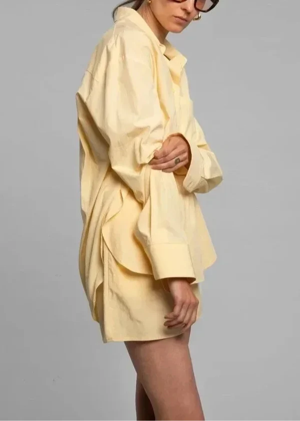 Cotton Poplin Two-Piece Set with Oversized Button-Down Shirt and Matching Shorts in Brown