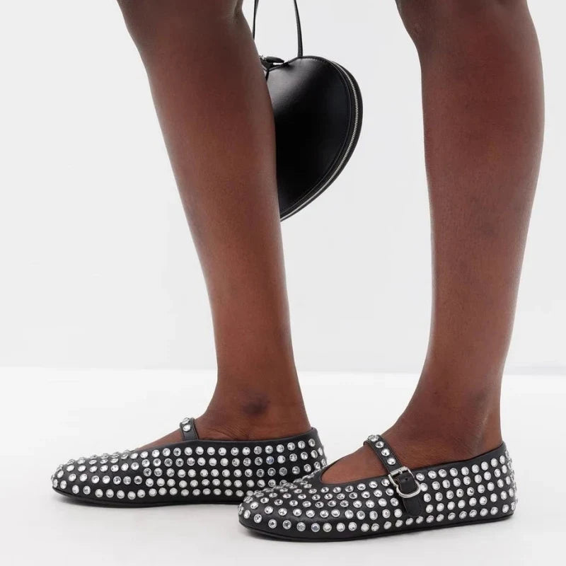 Mary Jane Flats with Crystal-Studded Leather Upper and Adjustable Ankle Strap