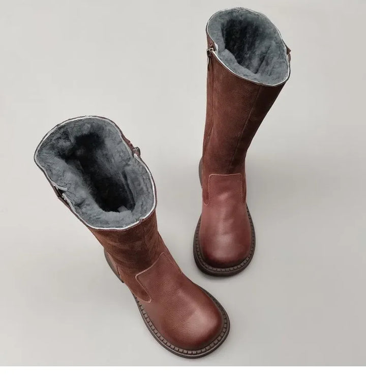 Shearling Riding Boots in Premium Leather-Look with Wool Lining and Side Zipper, Brown