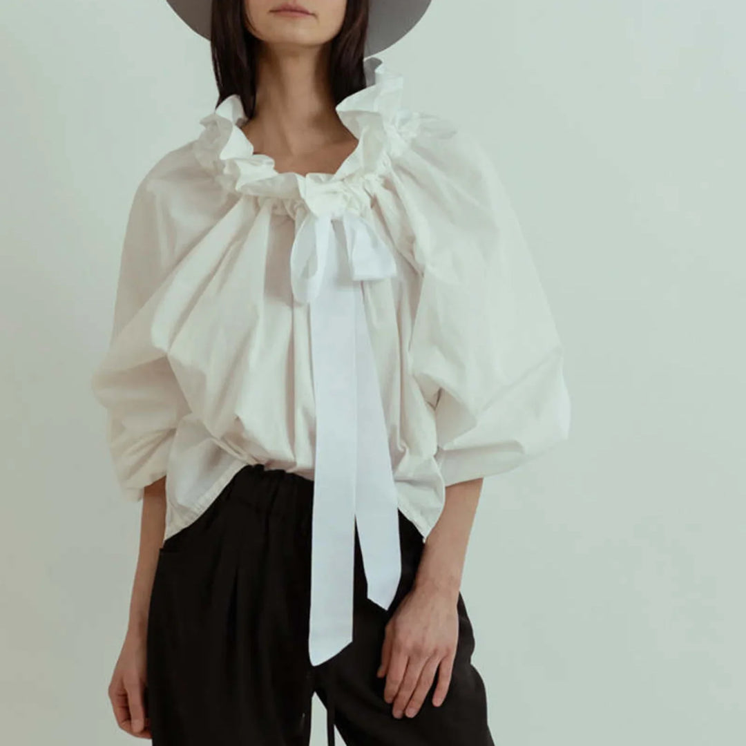 Ruffled Collar Blouse with Oversized Bow Tie and Lantern Sleeves, Checkered Print