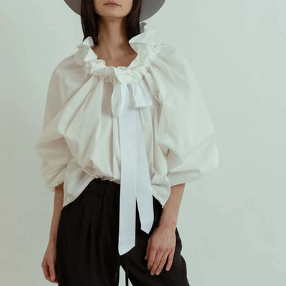 Ruffled Collar Blouse with Oversized Bow Tie and Lantern Sleeves, Checkered Print