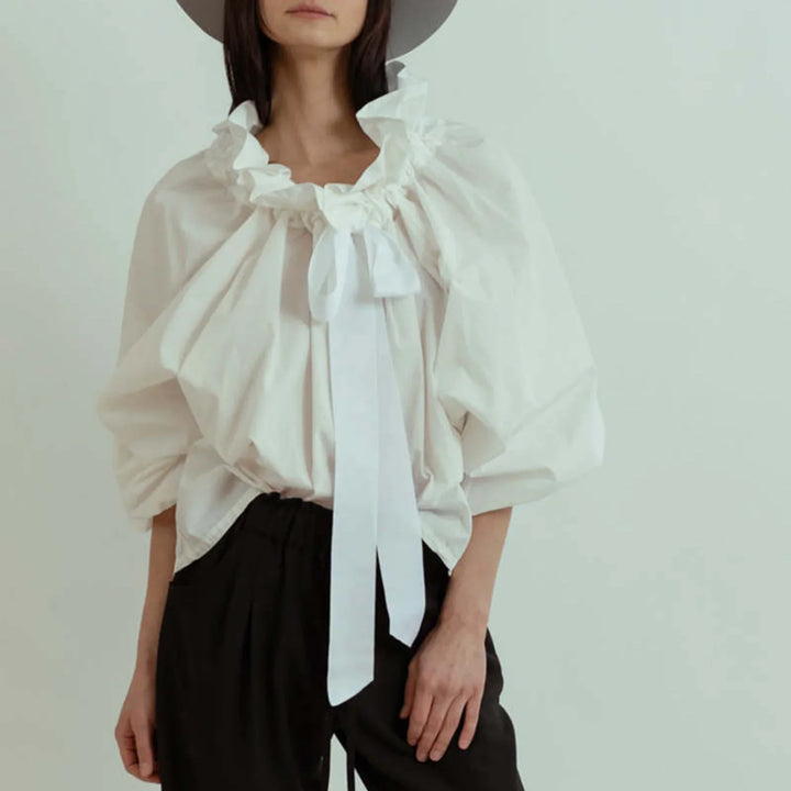 Ruffled Collar Blouse with Oversized Bow Tie and Lantern Sleeves, Checkered Print