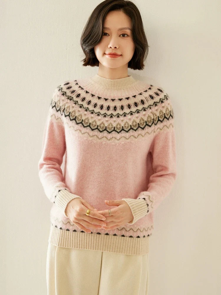 Fair Isle Jacquard Mock Neck Sweater in Cashmere-Soft Knit, Camel Colorway