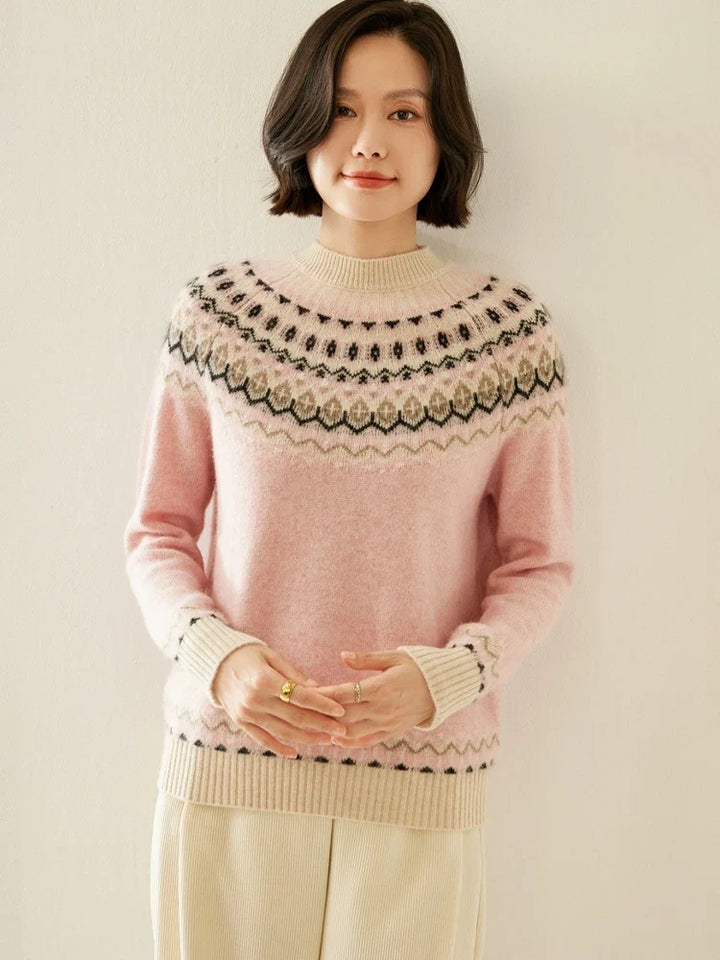 Fair Isle Jacquard Mock Neck Sweater in Cashmere-Soft Knit, Camel Colorway